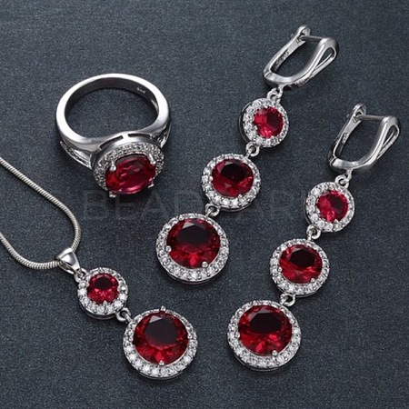 Flat Round Alloy Cubic Zirconia Pendant Necklaces & Hoop Earrings & Rings Sets FS-WG75211-03-1