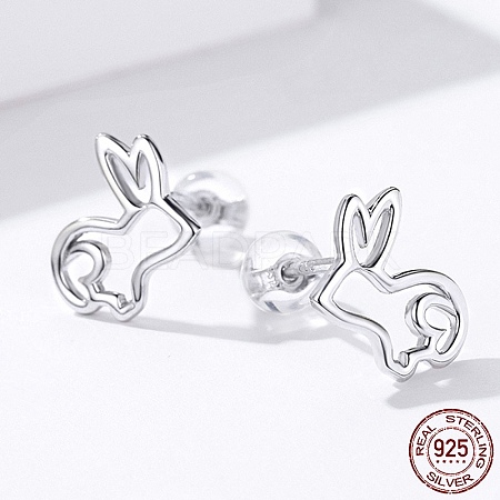 Rhodium Plated 925 Sterling Silver Bunny Stud Earrings EJEW-FF0009-08P-1