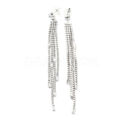 Clear Cubic Zirconia & Crystal Rhinestone Long Tassel Dangle Stud Earrings LS-EJEW-C037-07B-P-1