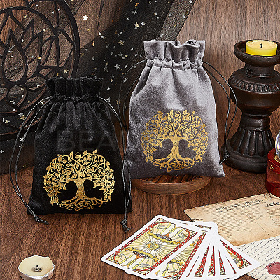 2Pcs 2 Styles Rectangle Gold Stamping Tree of Life Velvet Tarot Storage Drawstring Bags for Divination ABAG-CN0001-53-1