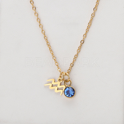 304 Stainless Steel Sapphire Rhinestone Birth Stone Constellation Pendant Necklaces FS-WG76580-03-1
