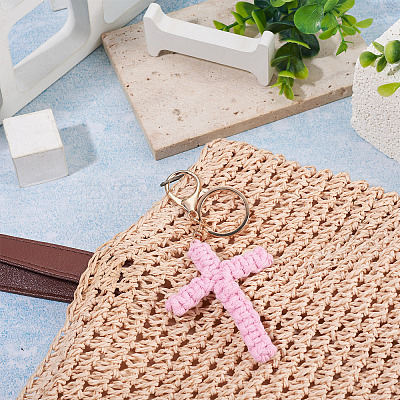 Cotton Cord Cross Keychains AJEW-TAC0031-03A-1