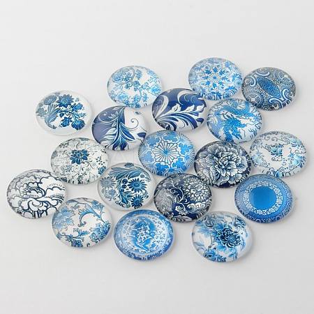 Blue and White Floral Printed Glass Cabochons X-GGLA-A002-14mm-XX-1