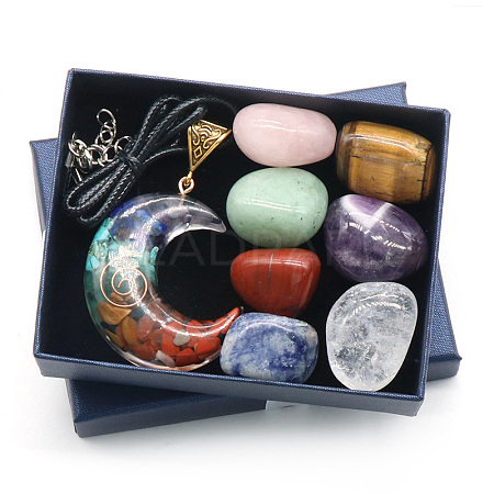 7 Chakra Tumbled Stone & Moon Pendant Necklace Mixed Natural Gemstone Healing Stones Set PW-WG21137-02-1