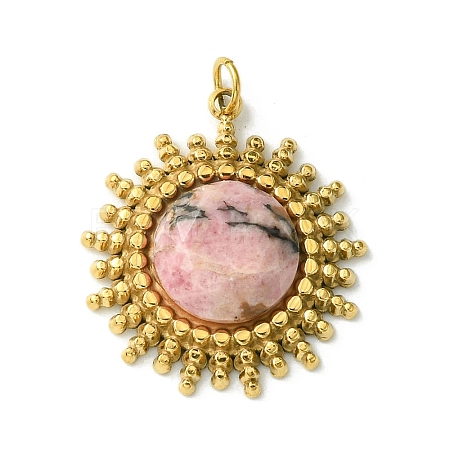 Ion Plating(IP) 304 Stainless Steel Pave Faceted Natural Rhodonite Pendants FIND-Z028-38A-1