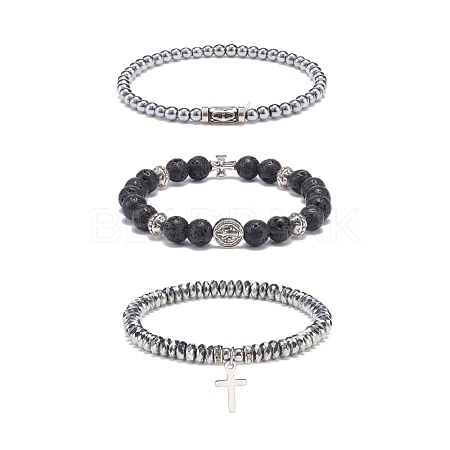 3Pcs 3 Style Natural Lava Rock & Synthetic Hematite Stretch Bracelets Set BJEW-JB08692-1