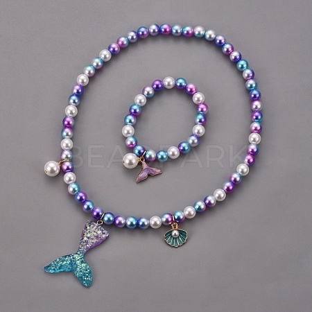 Plastic Imitation Pearl Stretch Bracelets and Necklace Jewelry Sets X-SJEW-JS01053-02-1