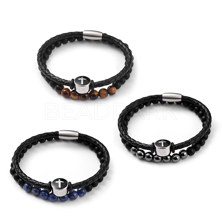 Unisex Leather Cord Bracelet and Stretch Bracelet Jewelry Sets BJEW-JB04786-1