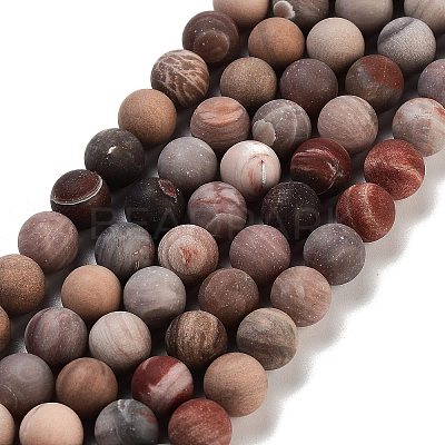 Frosted Natural Petrified Wood Round Bead Strands G-F266-07-8mm-01-1