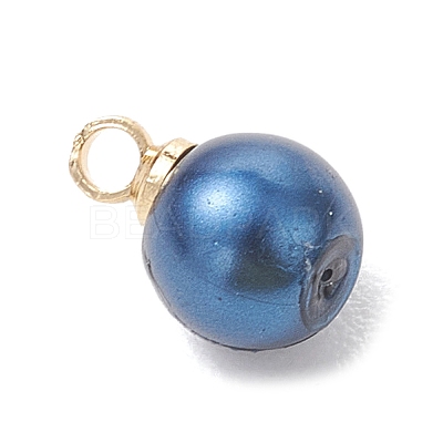 Baking Paint Pearlized Glass Pearl Round Charms with Brass Bails PALLOY-JF04897-1