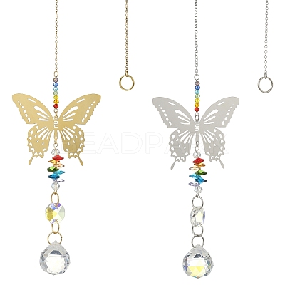 2Pcs 2 Colors 201 Stainless Steel Butterfly Shape & Rainbow Crystal Glass Hanging Suncatcher HJEW-TA00445-1