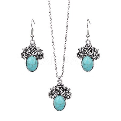 Bohemian Style Alloy & Synthetic Turquoise Pendant Necklaces & Dangle Earrings Sets WG2E1B4-03-1