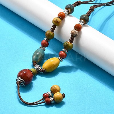 Ethnic Style Alloy & Porcelain Ceramic Beads Round Pendant Tassel Y Necklaces NJEW-D308-01A-1