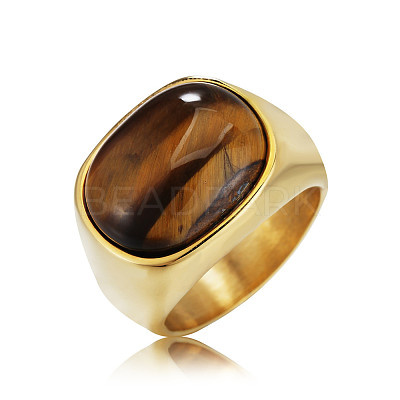 304 Stainless Steel with Natural Tiger Eye Finger Rings for Men FS-WG155DB-07-1