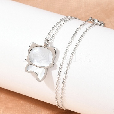 304 Stainless Steel Pave Natural White Shell Cute Cat Shaped Pendant Necklaces for Women NJEW-F339-01P-1