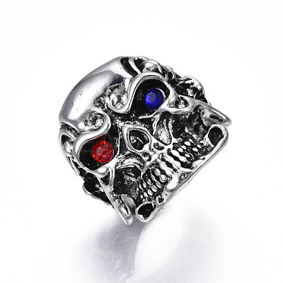 Gothic Punk Skull Alloy Open Cuff Ring with Rhinestone for Men Women RJEW-T009-52AS-1