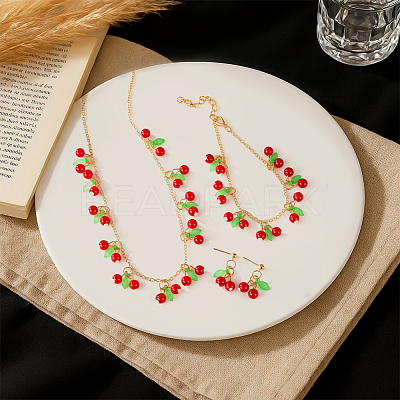 2 Styles Strawberry Cherry Iron Acrylic Pendant Necklaces & Dangle Earrings & Bracelets Set for Girl SJEW-HY0001-05-1