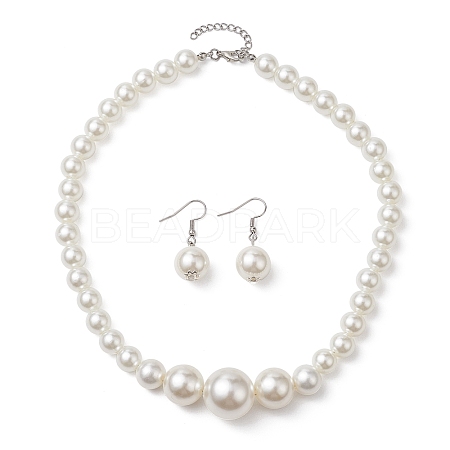 Round ABS Plastic Imitation Pearl Beads Necklace and Dangle Earring Sets for Women SJEW-JS01305-1