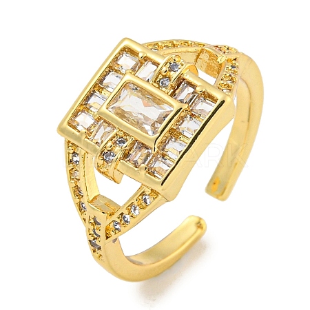 Rack Plating Brass Micro Pave Cubic Zirconia Rectangle Open Cuff Ring for Women RJEW-C082-05G-1