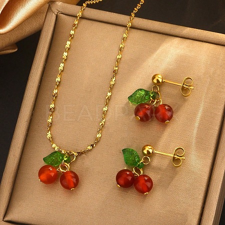 Cherry 304 Stainless Steel Glass Pendant Necklaces & Stud Dangle Earrings Sets WGB239D-01-1
