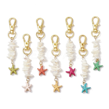 Natural White Mother of Pearl Shell & Synthetic Turquoise Starfish Pendant Decorations HJEW-JM02986-1