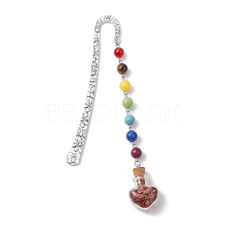 7 Chakra Gemstone Bead & Natural Red Jasper Glass Heart Wishing Bottle Pendant Bookmarks AJEW-JK00313-01-1