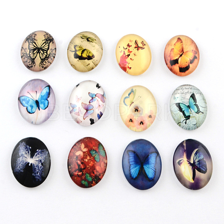Butterfly Pattern Glass Oval Flatback Cabochons for DIY Projects X-GGLA-R022-30x20-69-1