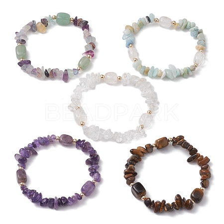 Natural Mixed Stone Chip & Cuboid Beaded Stretch Bracelets for Women BJEW-JB10808-1