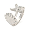 Starfish & Shell Rack Plating Brass Open Cuff Rings RJEW-N047-02P-RS-1