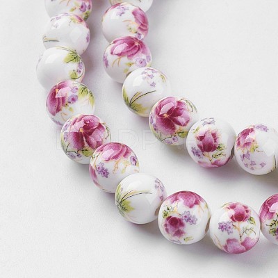 Handmade Flower Printed Porcelain Ceramic Beads Strands PORC-J006-A06-1