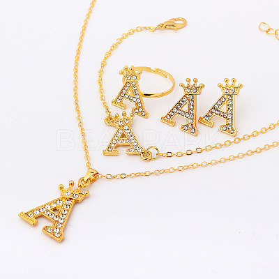 Letter Crown Alloy Rhinestone Pendant Necklaces & Stud Earring & Rings & Bracelet Sets for Women FS-WG4B6BC-02-1