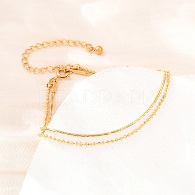 304 Stainless Steel Ball Chain & Snake Chain Double Layers Bracelets for Women BJEW-D460-06G-1