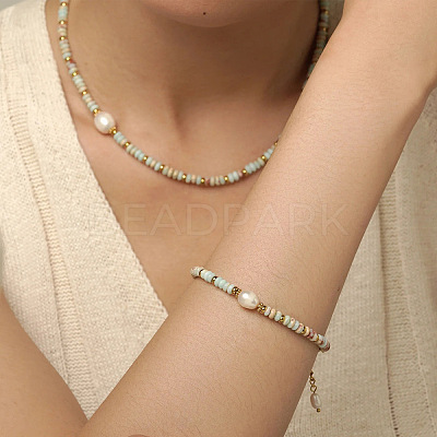 Natural Shoushan Stone & Freshwater Pearl & Brass Rondelle Beaded Necklaces & Beaded Bracelets Sets WG98AF4-01-1