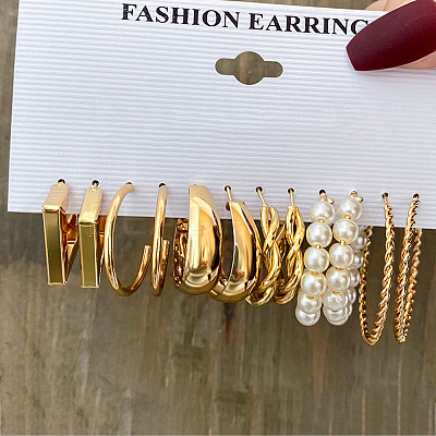 6Pairs Alloy Plastic Imitation Pearl Stud Earrings & Hoop Earrings WG38505-01-1