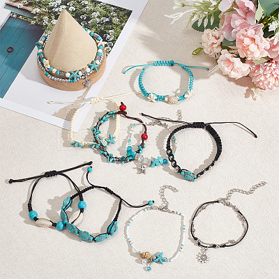 10Pcs 10 Style Synthetic Turquoise & Natural Shell & Seed Braided Bead Bracelet & Anklet AJEW-AN0007-10-1
