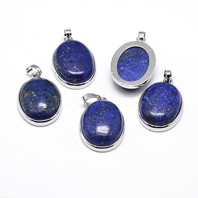 Oval Platinum Plated Brass Dyed & Heated Lapis Lazuli Pendants G-F228-15I-RS-1