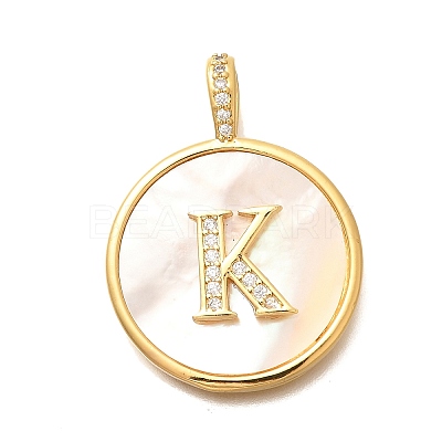 Rack Plating Brass Micro Pave Clear Cubic Zirconia Pendants with Shell KK-M309-42G-K-1