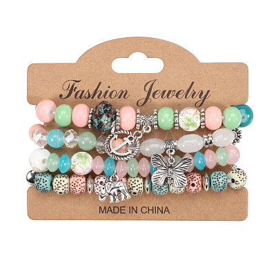 4Pcs Bohemian Style Alloy & Glass & Acrylic Charm Bracelets Set WG8E884-06-1