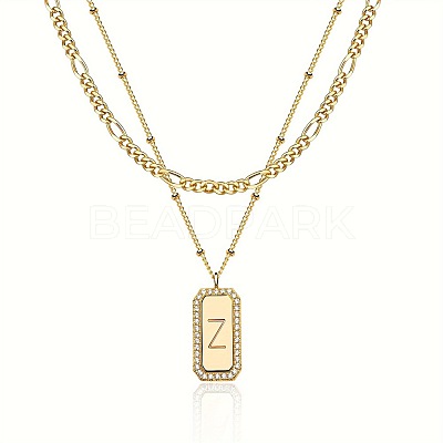 Brass Micro Pave Clear Cubic Zirconia Rectangle with Initial Pendant Double Layer Necklaces for Women FS-WG478B5-26-1