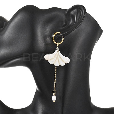 Freshwater Shell & Brass & 304 Stainless Steel Hoop Dangle Earrings EJEW-JE07258-1