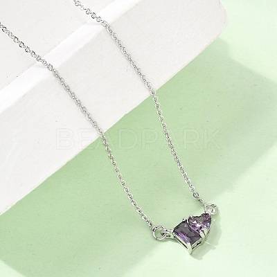 Brass Pave Cubic Zirconia Rectangle and Heart Pendant Cable Chain Necklaces KK-CBAB173-04P-03-1