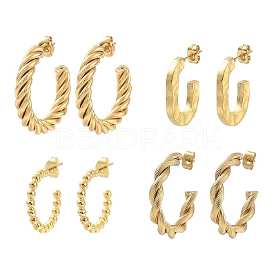 4 Pairs 4 Style 304 Stainless Steel Twist Rope & Oval & Ball Beaded C-shape Stud Earrings EJEW-TZ0001-01-1