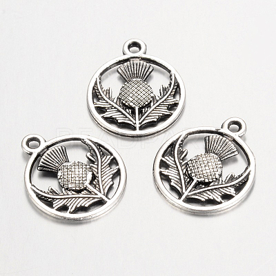 Tibetan Style Alloy Flat Round with Flower Scotland Thistle Pendants TIBEP-24054-AS-FF-1