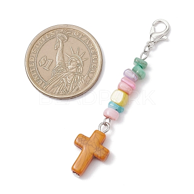 Synthetic Turquoise Cross with Natural Freshwater Shell Nuggets Pendant Decorations HJEW-JM04256-1