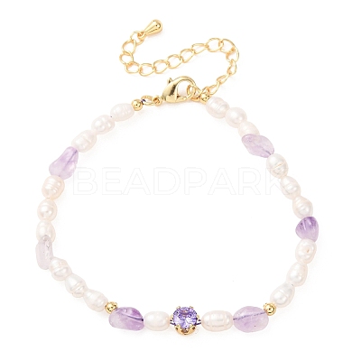 Natural Lavender Amethyst Chip and Rice Natural Pearl Beaded Bracelets GG-CBA3297-13G-G-1