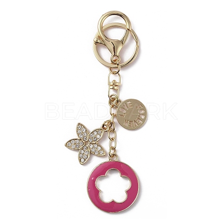 Rhinestone Enamel Flower Pendant Keychain with AlloyCharm KEYC-WH0004-82KCG-01-1