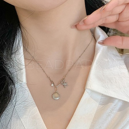 Shell Shape & Starfish 304 Stainless Steel Rhinestone Pendant Necklaces for Women LS-NJEW-M107-02P-1