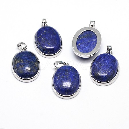 Oval Platinum Plated Brass Dyed & Heated Lapis Lazuli Pendants G-F228-15I-RS-1