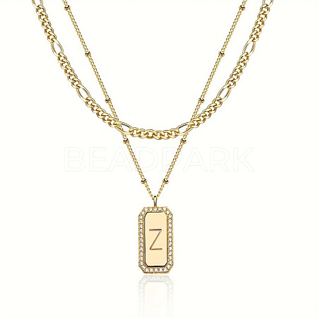 Brass Micro Pave Clear Cubic Zirconia Rectangle with Initial Pendant Double Layer Necklaces for Women FS-WG478B5-26-1
