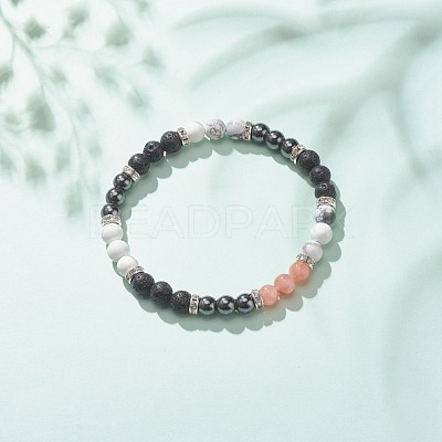 Natural Lava Rock & Gemstone Round Beaded Bracelet for Women BJEW-JB08336-01-1